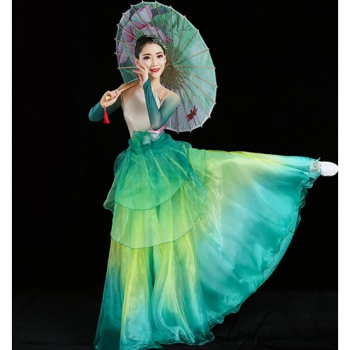 Chinese wind Green Gradient Fairy Chinese Folk Dance Dresses lotus leaf printed  long-sleeved umbrella fan classical dance stage wear classical performance clothes